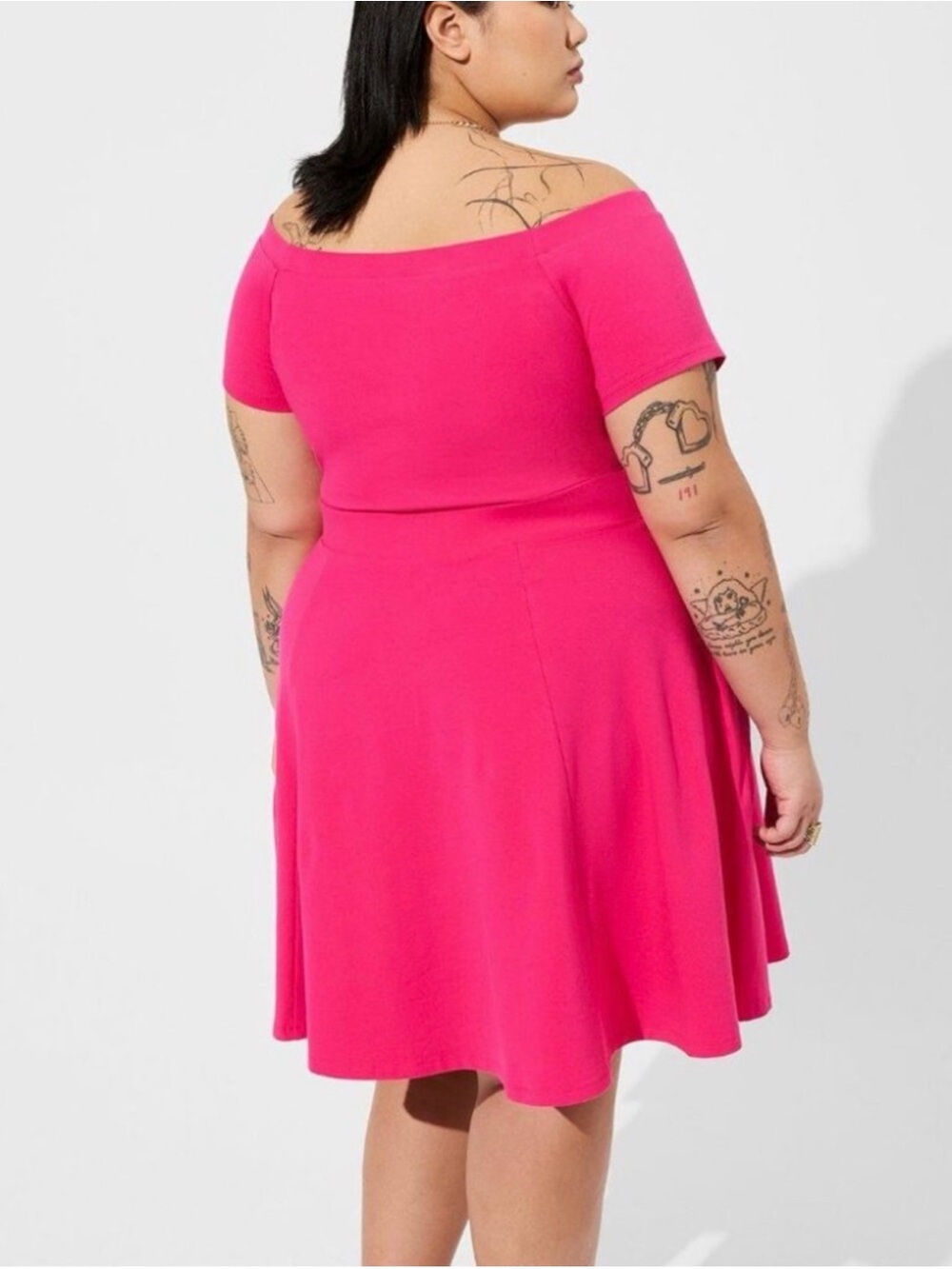 torrid off the shoulder Hot Pink Fit-and-Flare Mini Dress - Picture 2 of 8
